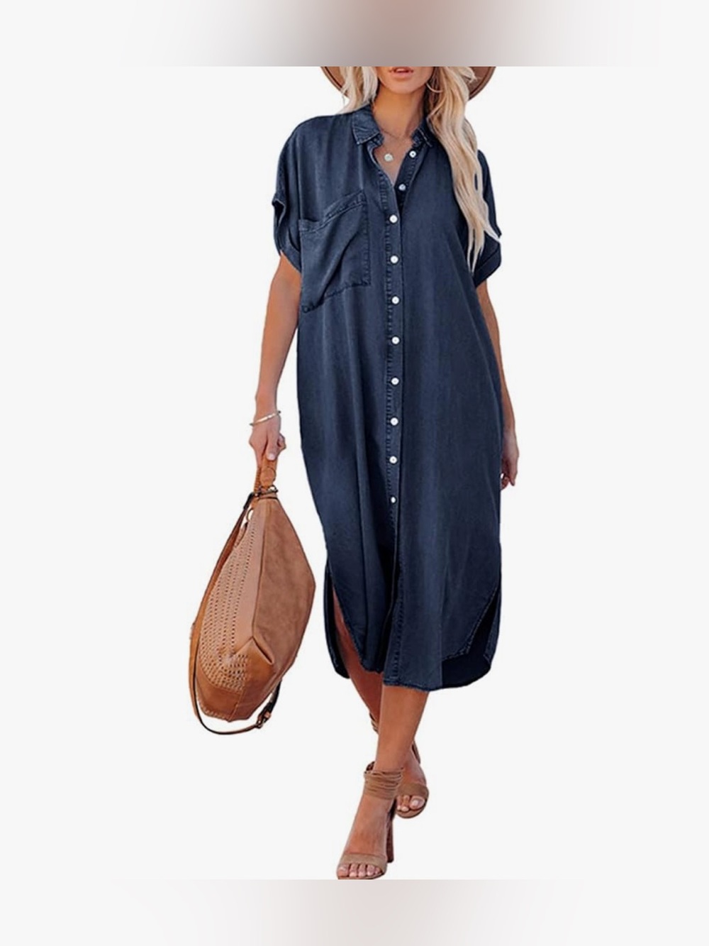 Casual Navy Button-Front Shirt Dress